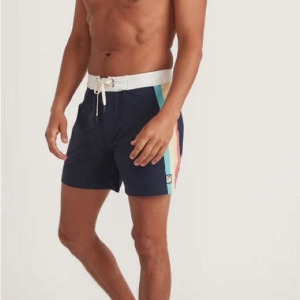 MARINE layer Striped Board Short in Navy Multi Stripe